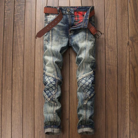 European Punk Style Vintage Bronze Slim Denim Rights Moto Biker Gat Jeans Broek For Men