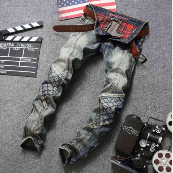 European Punk Style Vintage Bronze Slim Denim Rights Moto Biker Gat Jeans Broek For Men