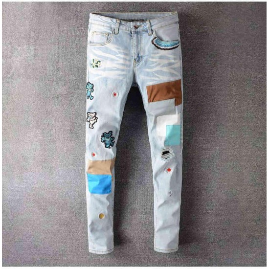 Famous Brand Men's High Patch Ripped Street White Slender Elastic Broek Jeans for Man 639