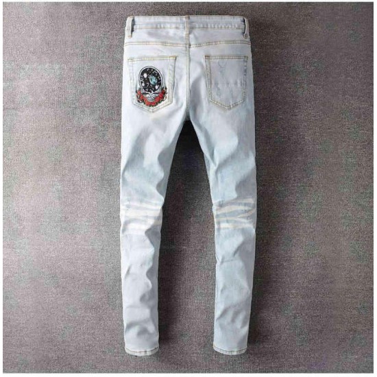 Famous Brand Men's High Patch Ripped Street White Slender Elastic Broek Jeans for Man 639