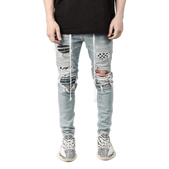 Men's Jeans Skinny Men Streetwear Destroyed Ripped Homme Hip Hop Male Pencil Pants Embroidery Patch Fashion Denim