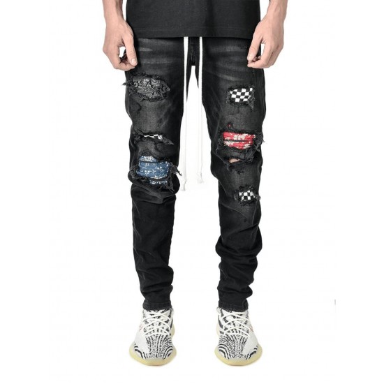 Men's Jeans Skinny Men Streetwear Destroyed Ripped Homme Hip Hop Male Pencil Pants Embroidery Patch Fashion Denim