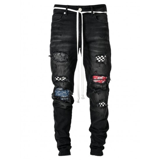 Men's Jeans Skinny Men Streetwear Destroyed Ripped Homme Hip Hop Male Pencil Pants Embroidery Patch Fashion Denim