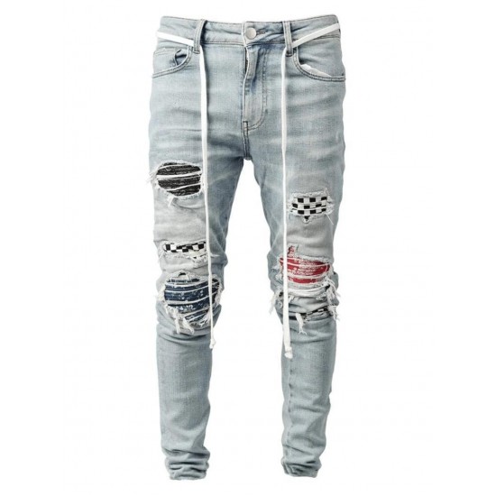 Men's Jeans Skinny Men Streetwear Destroyed Ripped Homme Hip Hop Male Pencil Pants Embroidery Patch Fashion Denim