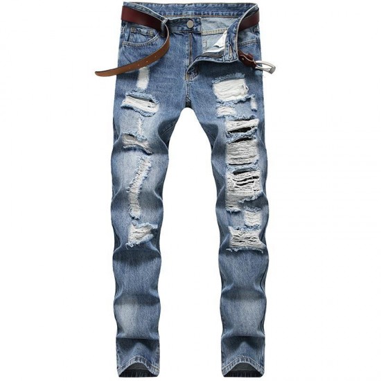 Men's Jeans European And American Style Ripped Men Hole Straight Slim Pants Trendy Large Size