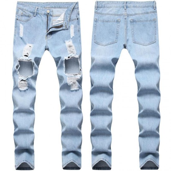 Men's Jeans European And American Style Ripped Men Hole Straight Slim Pants Trendy Large Size