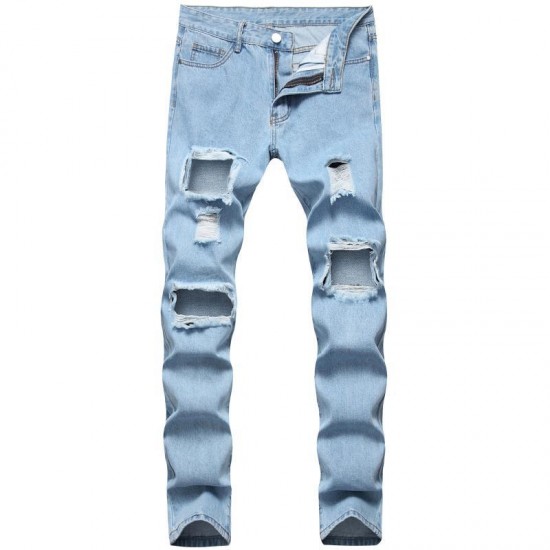 Men's Jeans European And American Style Ripped Men Hole Straight Slim Pants Trendy Large Size