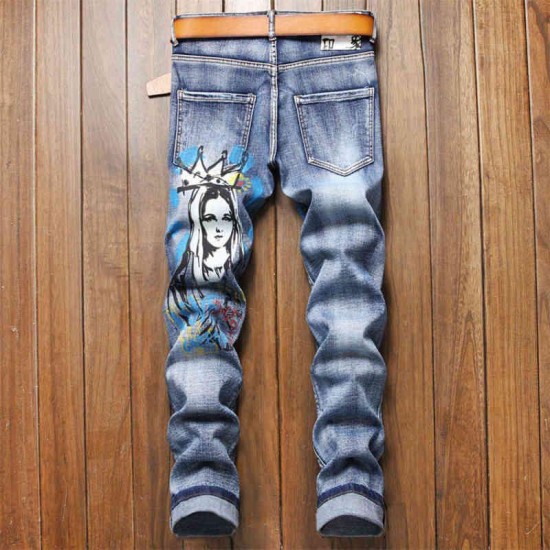 New Men's High Patch Ripped Street Grey Blue Slender Elastic Broek Jeans for Man