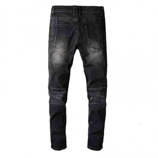 Fashion Brand Men High Patch Ripped Street Black Rits Slim Elastic Broek Jeans for Man