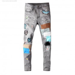 Famous Brand Men's High Patch Ripped Street Grey Blue Slender Elastic Broek Jeans for Man 651