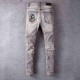 Famous Brand Men's High Patch Ripped Street Grey Blue Slender Elastic Broek Jeans for Man 651