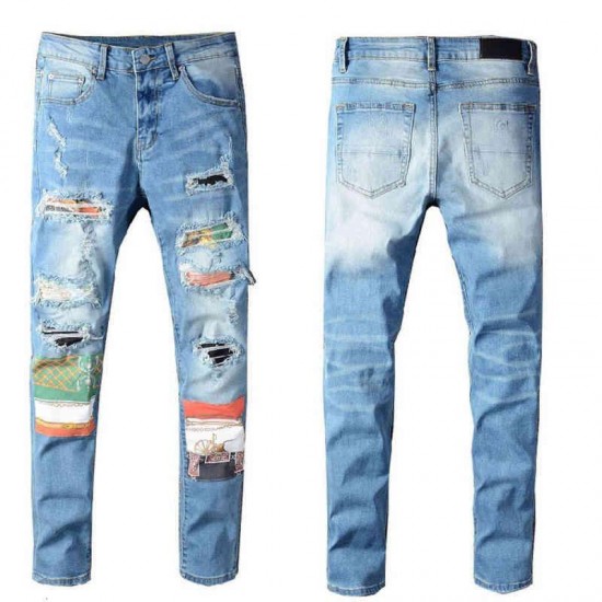 Famous Brand Men's High Patch Ripped Street Grey Blue Slender Elastic Broek Jeans for Man 651