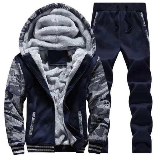 Men's Tracksuits Causal Men Sets Hooded Thicken Fleece Hoodies + Sweatpant 2022 Winter Spring Sweatshirt Sportswear Male Letter Print