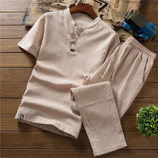 Men's Tracksuits Quality Summer Thin Cotton And Linen Short Sleeve Suit Men Casual Sportswear Slim Short-sleeved T-shirt + Trousers