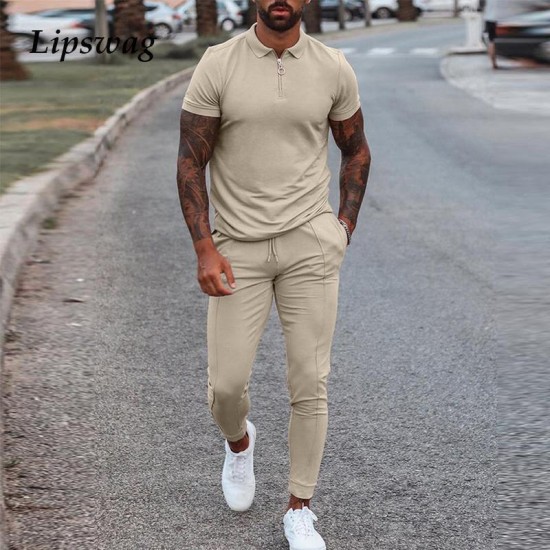 Men's Tracksuits 2022 Summer Solid Mens Clothes Fashion 2 Piece Set Men Turn-down Collar Zipper Tops And Drawstring Pants Outfit Casual Suit