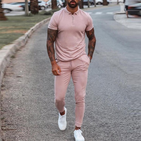 Men's Tracksuits 2022 Summer Solid Mens Clothes Fashion 2 Piece Set Men Turn-down Collar Zipper Tops And Drawstring Pants Outfit Casual Suit