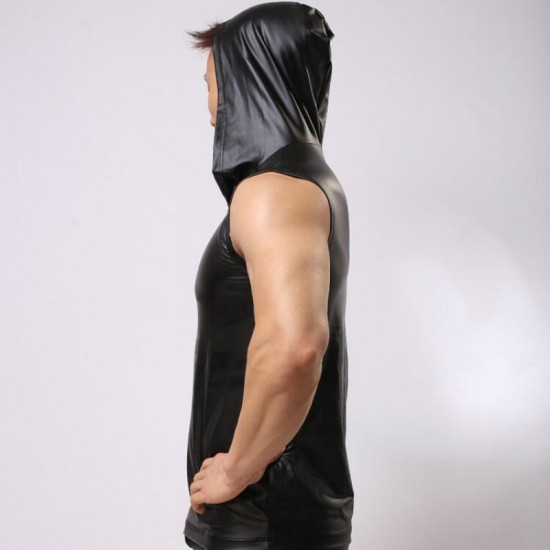 Men's Tank Tops Men Sexy Fetish Faux Leather Hooded Vest And Boxer Male Black Underwear Erotic Undershirts Lingerie Clubwear