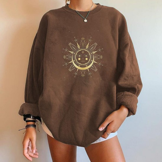 Women's Hoodies & Sweatshirts Harajuku Funny Women Moon And Sun Print Oversized Sweatshirt Pullovers Drop-shoulder Fall Tops Clothes Sudader