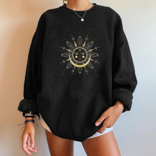 Women's Hoodies & Sweatshirts Harajuku Funny Women Moon And Sun Print Oversized Sweatshirt Pullovers Drop-shoulder Fall Tops Clothes Sudader