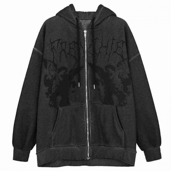 Dark Jacket Coat Print Angel Fairy Womens Hoodies Hip-hop Streetwear Harajuku Anime Zipper Y2k Clothing 220124