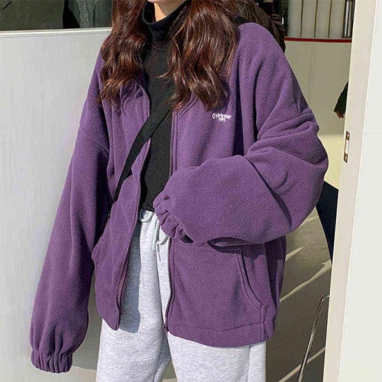 Harajuku Hoodies Fleece Sweatshirt Autumn Warm Jacket Korean Fashion Zip-Up Stand Collar Female Winter Coat Kawaii Tops 220124