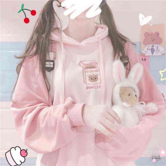 Deeptown Kawaii Bunny Hoodie Women Korean Style Sweatshirt Winter Fashion Long Sleeve Cute Tops Soft Girls Plus Velvet Warm 220124