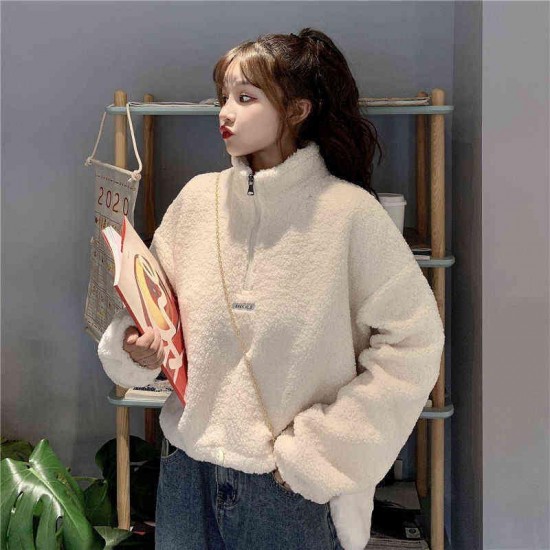 Autumn winter hoodies women imitation lamb velvet short plus thick hooded sweatshirt female loose student jacket tops 220124