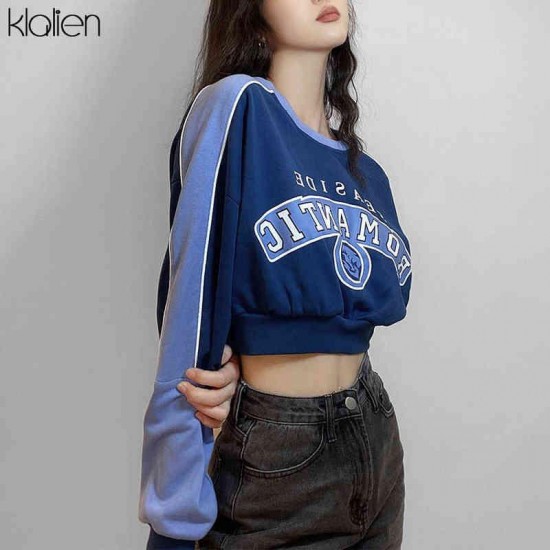 KLALIEN Fashion Print Letter Long Sleeve O neck Loose Pullovers Hoodie Autumn Casual Street Soft Cotton Wild Sweatshirt Lady 220124