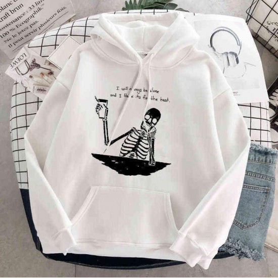 Punk style women's hoodie skull long sleeve casual top goth skeleton dark black loose ulzzang fashion women's sweatshirt 220122