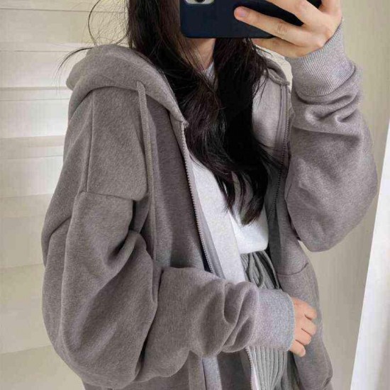 Solid Color Zipper Hoodie Women's Y2K Oversized Casual Loose Sweatshirt Women Long Sleeve Zipper Hooded coat Top Women 220122