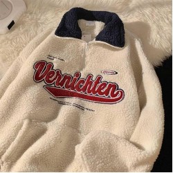 Vintage Punk Style Streetwear Chic V-neck Letter Embroidery Sweatshirt Women Baseball Oversized Harajuku lambswool coats ins 220122