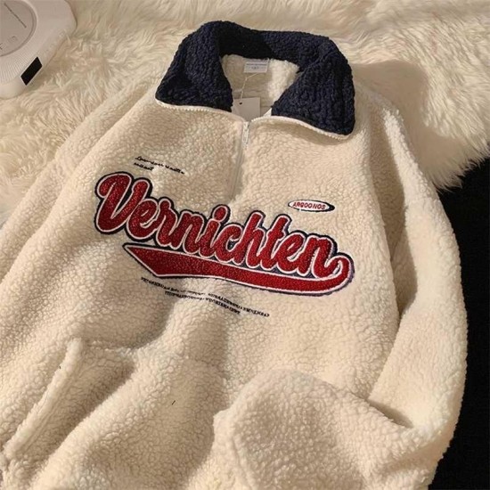 Vintage Punk Style Streetwear Chic V-neck Letter Embroidery Sweatshirt Women Baseball Oversized Harajuku lambswool coats ins 220122