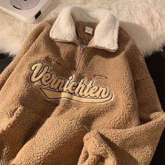 Vintage Punk Style Streetwear Chic V-neck Letter Embroidery Sweatshirt Women Baseball Oversized Harajuku lambswool coats ins 220122