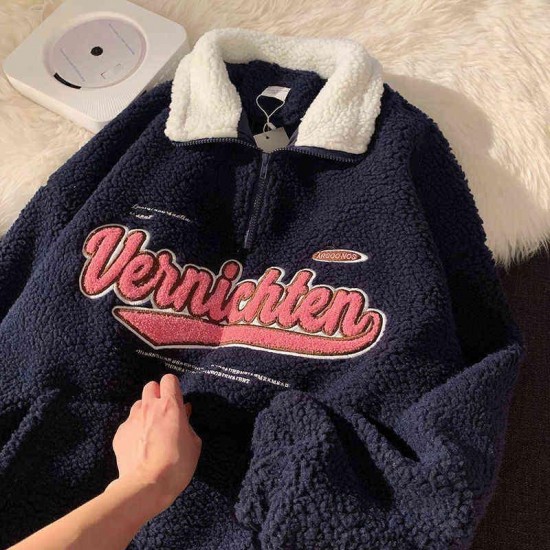 Vintage Punk Style Streetwear Chic V-neck Letter Embroidery Sweatshirt Women Baseball Oversized Harajuku lambswool coats ins 220122