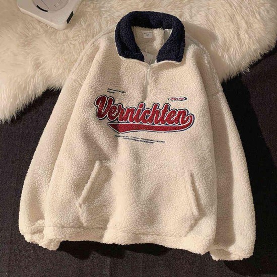 Vintage Punk Style Streetwear Chic V-neck Letter Embroidery Sweatshirt Women Baseball Oversized Harajuku lambswool coats ins 220122