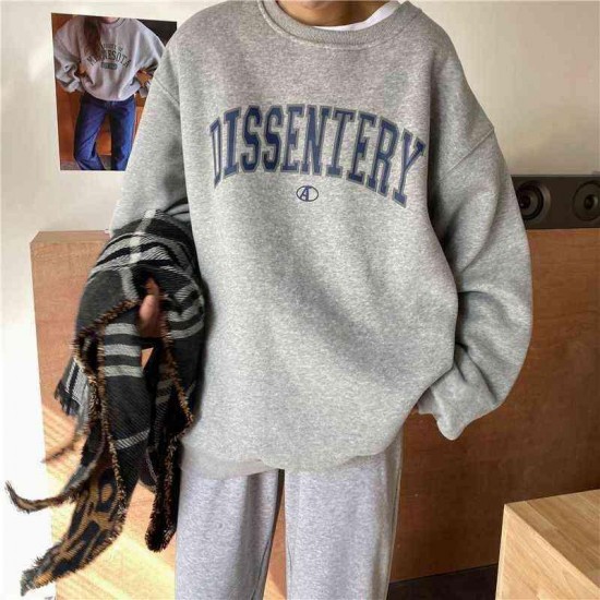 Letter Print Casual Top Vintage Simple Women Hoodies Korean Gray Autumn Thin Streetwear College Girls ins Lady's Pullover 220124