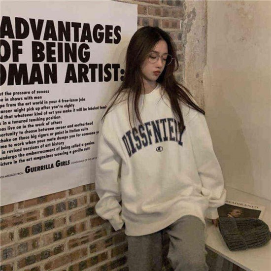 Letter Print Casual Top Vintage Simple Women Hoodies Korean Gray Autumn Thin Streetwear College Girls ins Lady's Pullover 220124