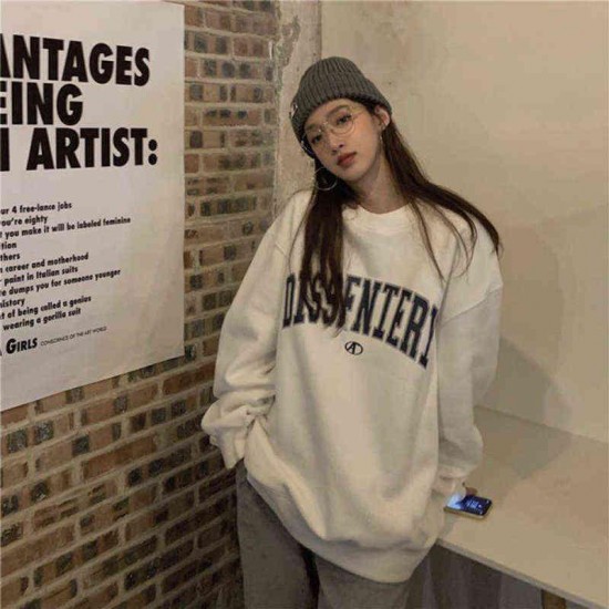 Letter Print Casual Top Vintage Simple Women Hoodies Korean Gray Autumn Thin Streetwear College Girls ins Lady's Pullover 220124