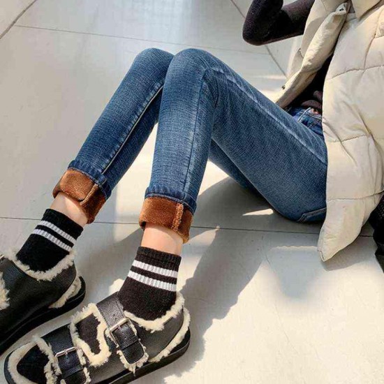 Women Fleece Warm Slim Jeans Trousers Winter Thick Denim Pencil Pants Casual Plus Velvet High Waist Skinny 17316 220122