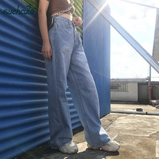 SUCHCUTE High Waist Jean Wide Leg Pants Plus Size Punk Korean Style Trouser Casual Harajuku Female Joggers 210907