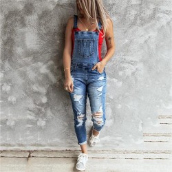 Women's Jeans Fashion Personality Jumpsuit Street Ladies Denim Trousers Retro Ripped Elastic Strap