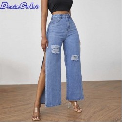 DenimColab Fashion High Split Wide Leg Pant Casual Loose Hole Jeans Ladies Streetwear Ripped Trousers Denim 220125