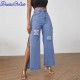 DenimColab Fashion High Split Wide Leg Pant Casual Loose Hole Jeans Ladies Streetwear Ripped Trousers Denim 220125