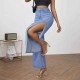 DenimColab Fashion High Split Wide Leg Pant Casual Loose Hole Jeans Ladies Streetwear Ripped Trousers Denim 220125