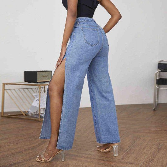 DenimColab Fashion High Split Wide Leg Pant Casual Loose Hole Jeans Ladies Streetwear Ripped Trousers Denim 220125