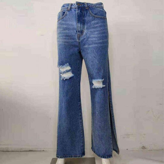 DenimColab Fashion High Split Wide Leg Pant Casual Loose Hole Jeans Ladies Streetwear Ripped Trousers Denim 220125