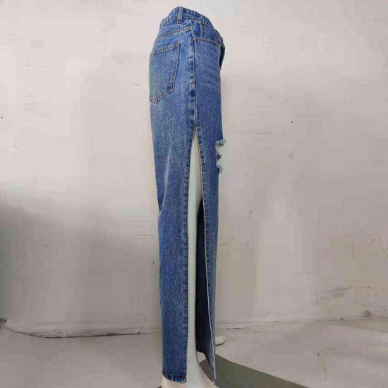 DenimColab Fashion High Split Wide Leg Pant Casual Loose Hole Jeans Ladies Streetwear Ripped Trousers Denim 220125