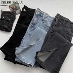 SHIJIA Split Straight Pants Woman Stretchy Denim Jeans Black High Waisted Bottom Harajuku Summer Female Trousers 220124