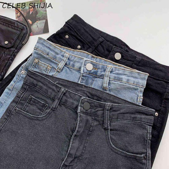 SHIJIA Split Straight Pants Woman Stretchy Denim Jeans Black High Waisted Bottom Harajuku Summer Female Trousers 220124