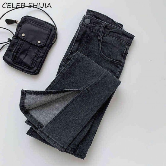 SHIJIA Split Straight Pants Woman Stretchy Denim Jeans Black High Waisted Bottom Harajuku Summer Female Trousers 220124